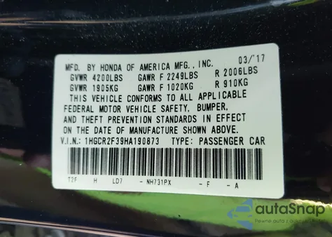 2017 Honda Accord Lx из США, поврежденный, VIN 1HGCR2F39HA190873